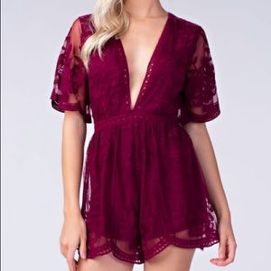 Wine colored Deep V Lace Romper